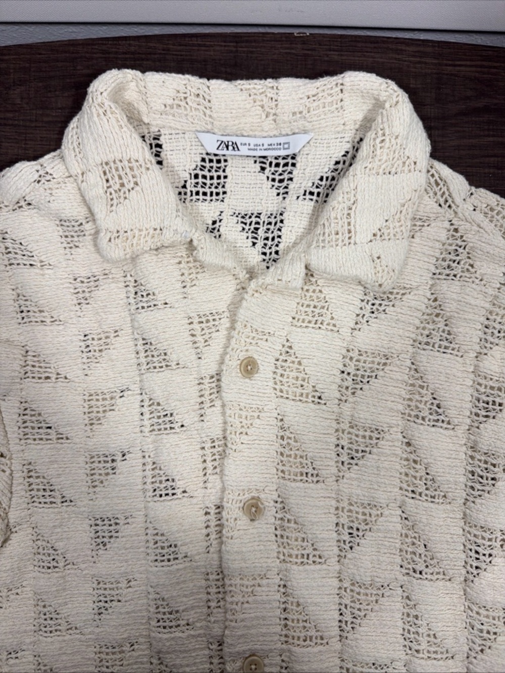 Zara Ivory Crochet Openwork Button Collar Top